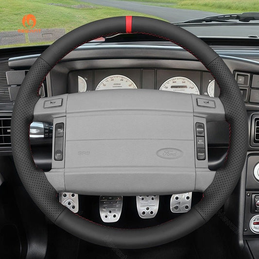 MEWANT Hand Stitch Carbon Fiber Black Leather Suede Car Steering Wheel Cover for Ford Mustang LX GT 1990 - 199 - Alcantara, Leather, Carbon Fiber, Easy Install, Non - Slip, Best Steering Wheel Cover