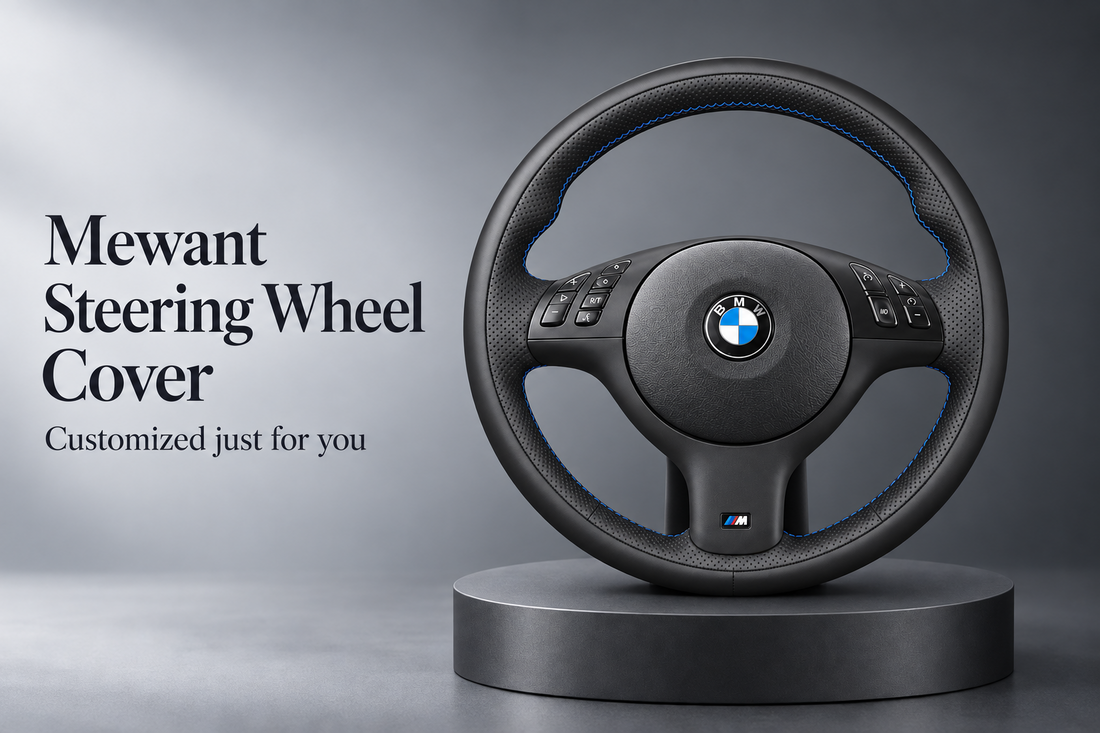 Custom steering wheel cover with blue stitching on a BMW steering wheel
