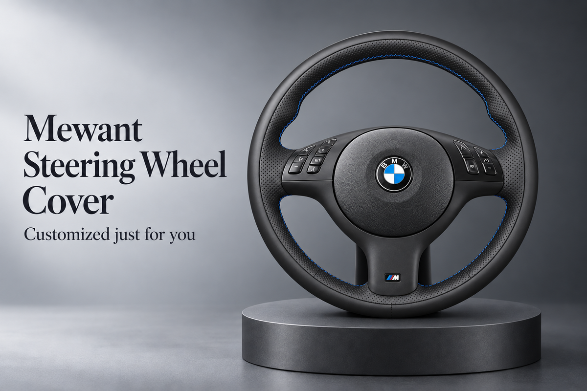 Custom steering wheel cover with blue stitching on a BMW steering wheel