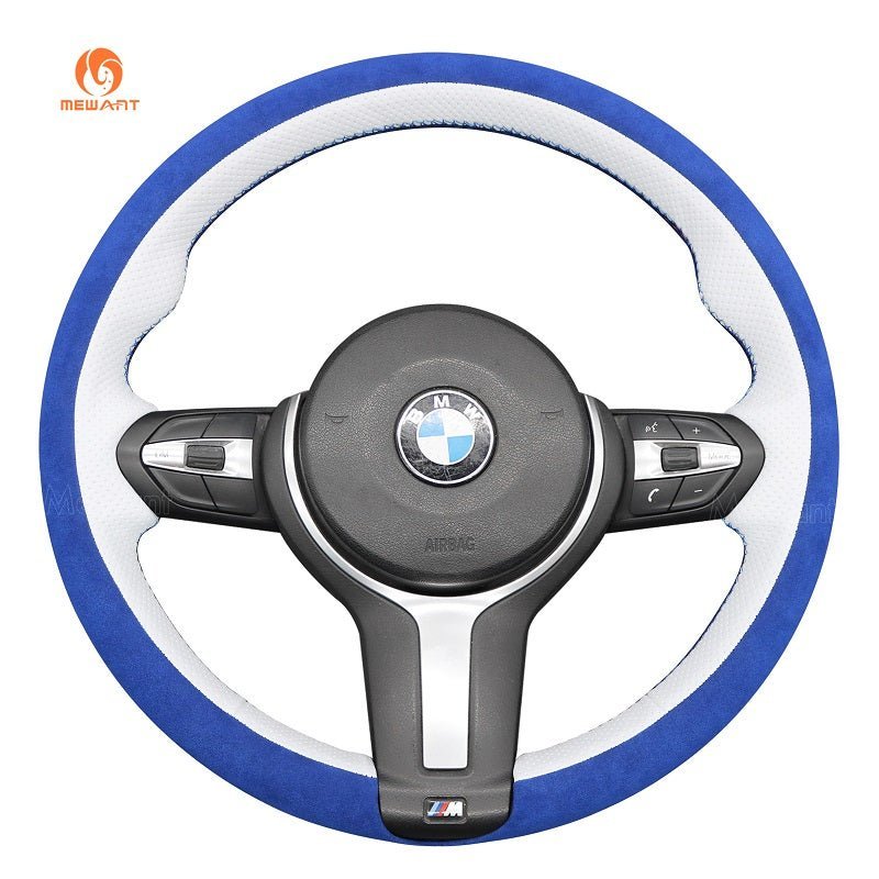 Custom BMW steering wheel cover by Mewant with leather, suede, and Alcantara-style options