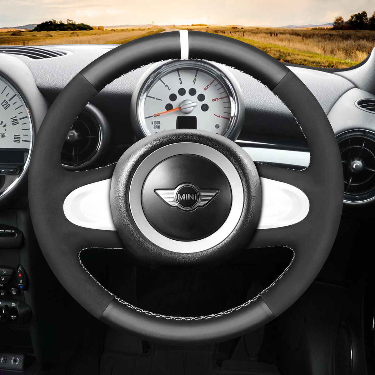 MEWANT Hand Stitch Car Steering Wheel Cover for Mini(Hatchback/Mini R56/R57) Clubman Clubvan Convertible Countryman Coupe Paceman Roadster (2-Spoke)