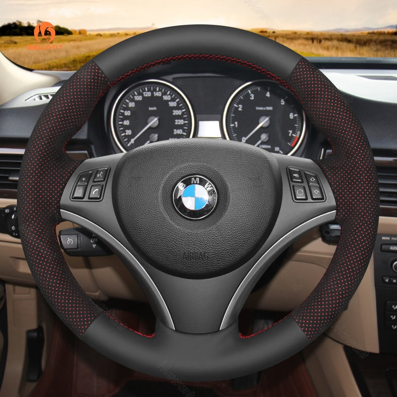 MEWANT Hand Stitch Black Suede Leather Carbon Fiber Car Steering Wheel Cover for BMW 1 Series E81 E82 E87 E88 2008-2012 / 3 Series E90 E91 E92 E93 2006-2011