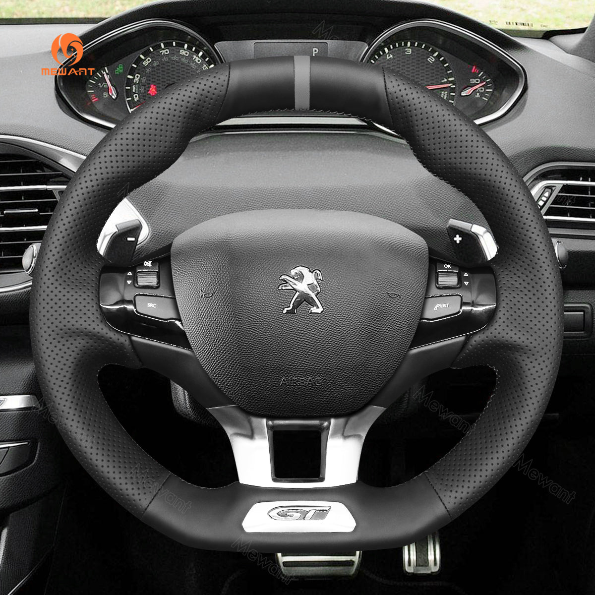 MEWANT Hand Stitch Car Steering Wheel Cover for Peugeot 208 (GTi/GT Line/GT) / 308 (GT/GTi/GT Line) / 308 SW (GT/GT Line)  / 2008 (GT Line)