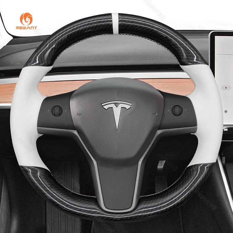 MEWANT Handgenähtes Leder-Carbonfaser-Wildleder-Alcantara-Autolenkrad für Tesla Model 3 2017-2020 / Model Y 2020-2021