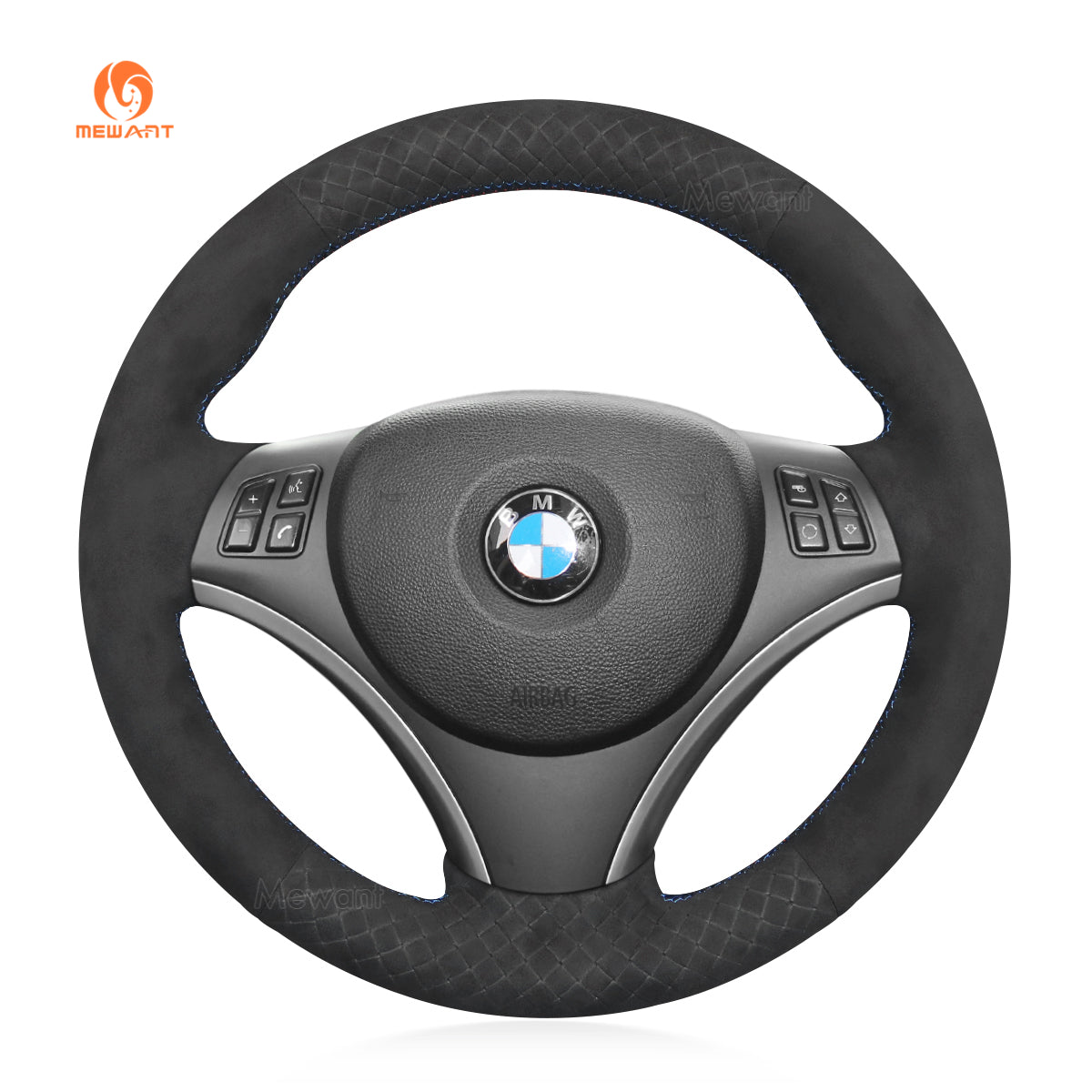 MEWANT Housse de volant de voiture en cuir suédé noir cousu à la main en fibre de carbone pour BMW Série 1 E81 E82 E87 E88 2008-2012 / Série 3 E90 E91 E92 E93 2006-2011