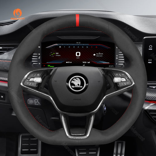 MEWANT Black Leather Suede Car Steering Wheel Cover for Skoda Octavia VRS RS /Fabia