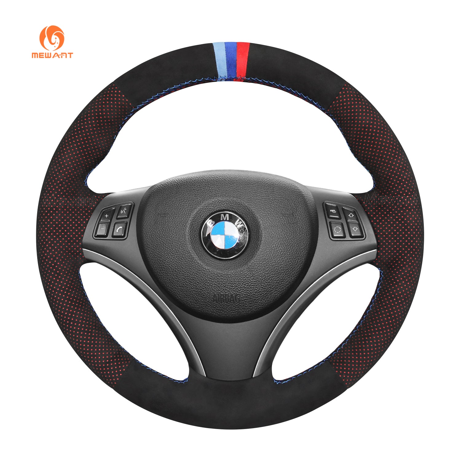 MEWANT Hand Stitch Black Suede Leather Carbon Fiber Car Steering Wheel Cover for BMW 1 Series E81 E82 E87 E88 2008-2012 / 3 Series E90 E91 E92 E93 2006-2011