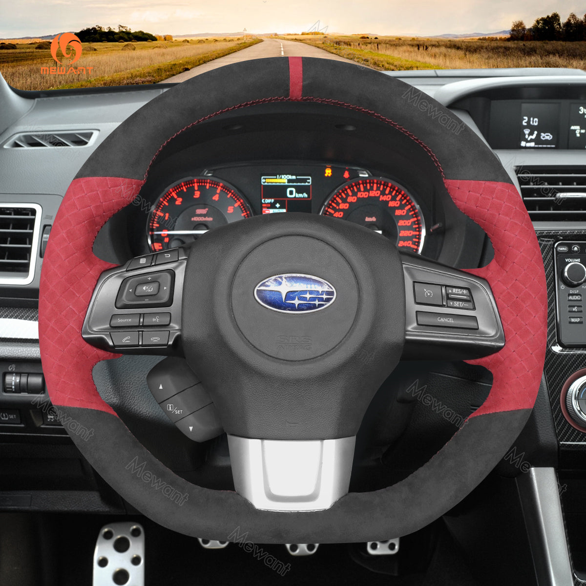 MEWANT Hand Stitch Carbon Fiber Black Leather Suede Car Steering Wheel Cover for Subaru WRX (STI) Levorg 2015-2019