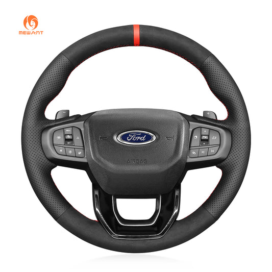 MEWANT Hand Stitch Black Leather Suede Car Steering Wheel Cover for Ford Range / Everest 2022-2023 (Only Fit for Leather Steering Wheel)