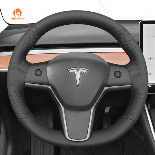 MEWANT Carbonfaser-Leder-Autolenkradabdeckung für Tesla Model 3 2017-2020 / Model Y 2020-2021