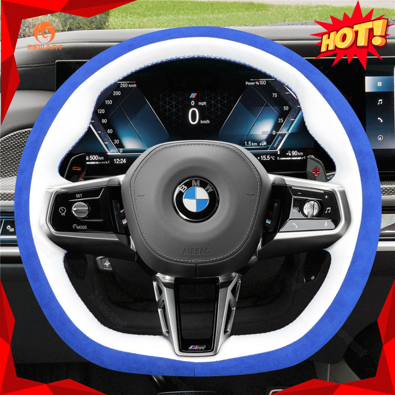 MEWANT Black Leather Suede Car Steering Wheel Cover for BMW M Sport