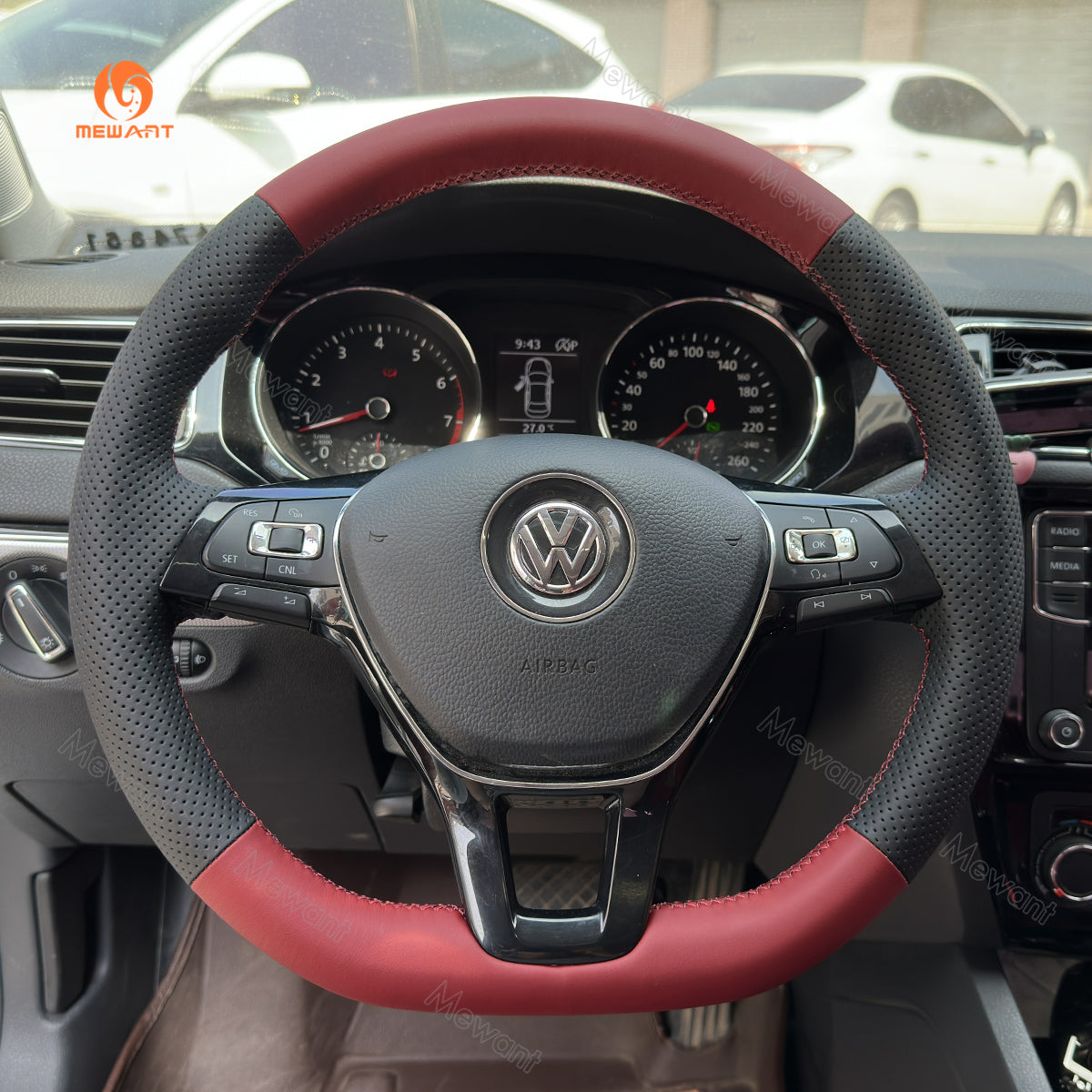 MEWANT Funda para volante de coche de gamuza de cuero negro hecha a mano para Volkswagen VW Golf 7 Golf Alltrack Golf SportWagen Jetta Passat Tiguan e-Golf Arteon Atlas