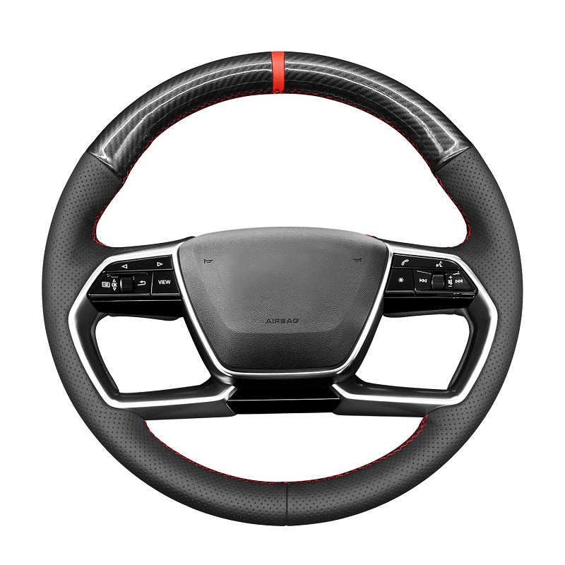 MEWANT Genuine Leather Car Steering Wheel Cove for Audi A6 A7 A8 A8L S8 ETRON 2019 - 2023 - Alcantara, Leather, Carbon Fiber, Easy Install, Non - Slip, Best Steering Wheel Cover