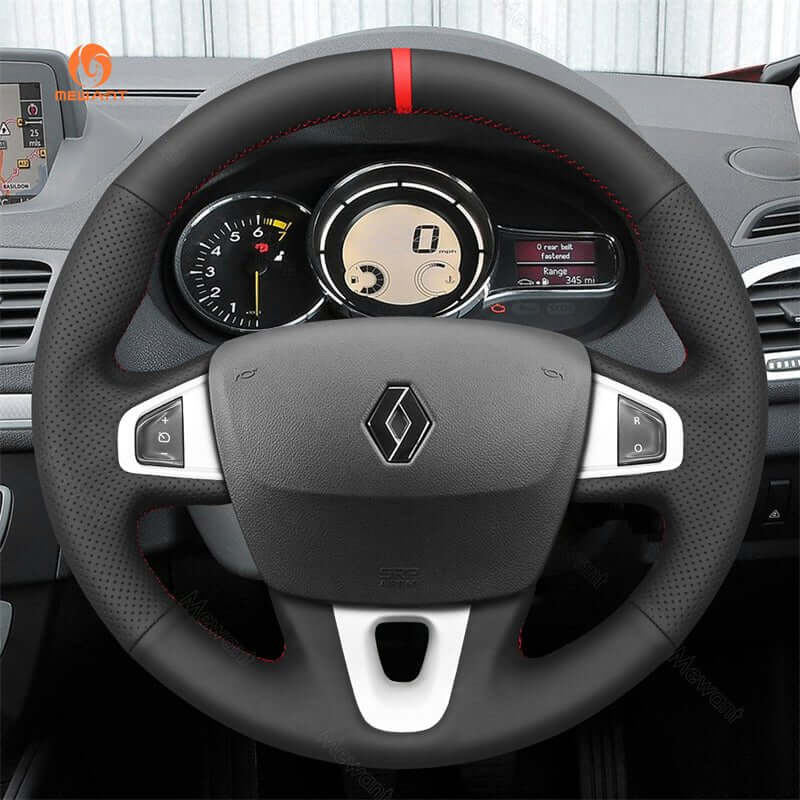 MEWANT Genuine Leather Car Steering Wheel Cove for Renault Megane 3/ Scenic 3 (Grand Scenic)/ Kangoo 2/ Fluence (ZE) - Alcantara, Leather, Carbon Fiber, Easy Install, Non - Slip, Best Steering Wheel Cover