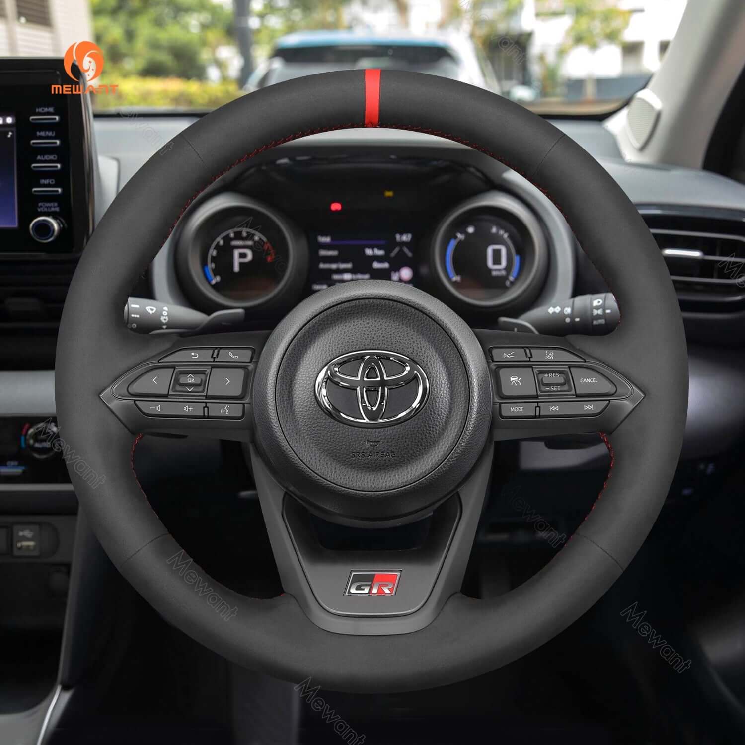 MEWANT Genuine Leather Car Steering Wheel Cove for Toyota Yaris Cross GR - Alcantara, Leather, Carbon Fiber, Easy Install, Non - Slip, Best Steering Wheel Cover