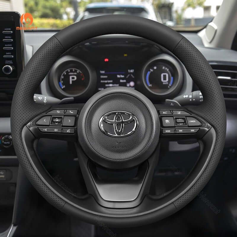 MEWANT Genuine Leather Car Steering Wheel Cove for Toyota Yaris Cross GR - Alcantara, Leather, Carbon Fiber, Easy Install, Non - Slip, Best Steering Wheel Cover