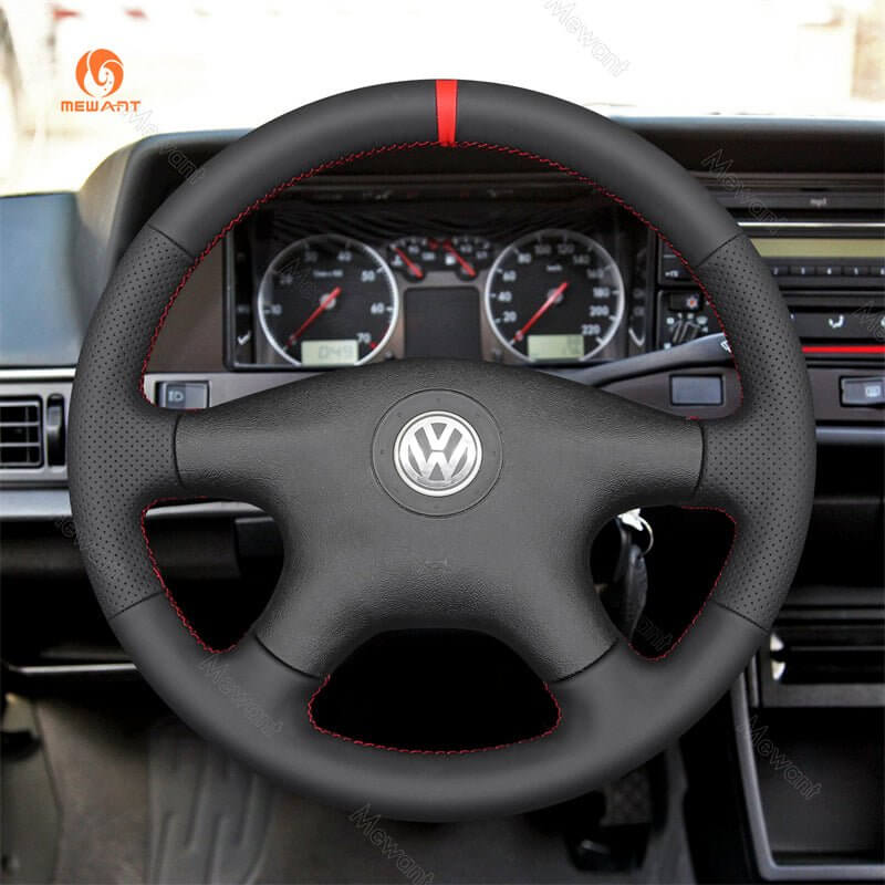 MEWANT Genuine Leather Car Steering Wheel Cove for Volkswagen Santana 2000 - 2012 - Alcantara, Leather, Carbon Fiber, Easy Install, Non - Slip, Best Steering Wheel Cover
