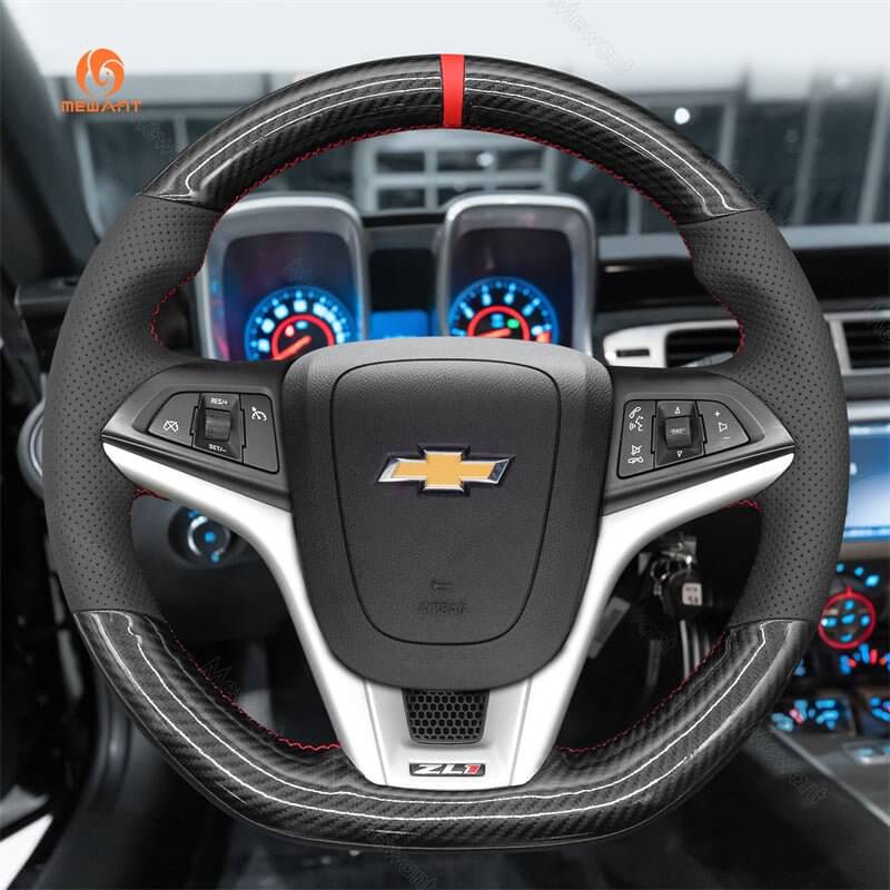 MEWANT Leather Car Steering Wheel Cove for Chevrolet (Chevy) Camaro - Alcantara, Leather, Carbon Fiber, Easy Install, Non - Slip, Best Steering Wheel Cover