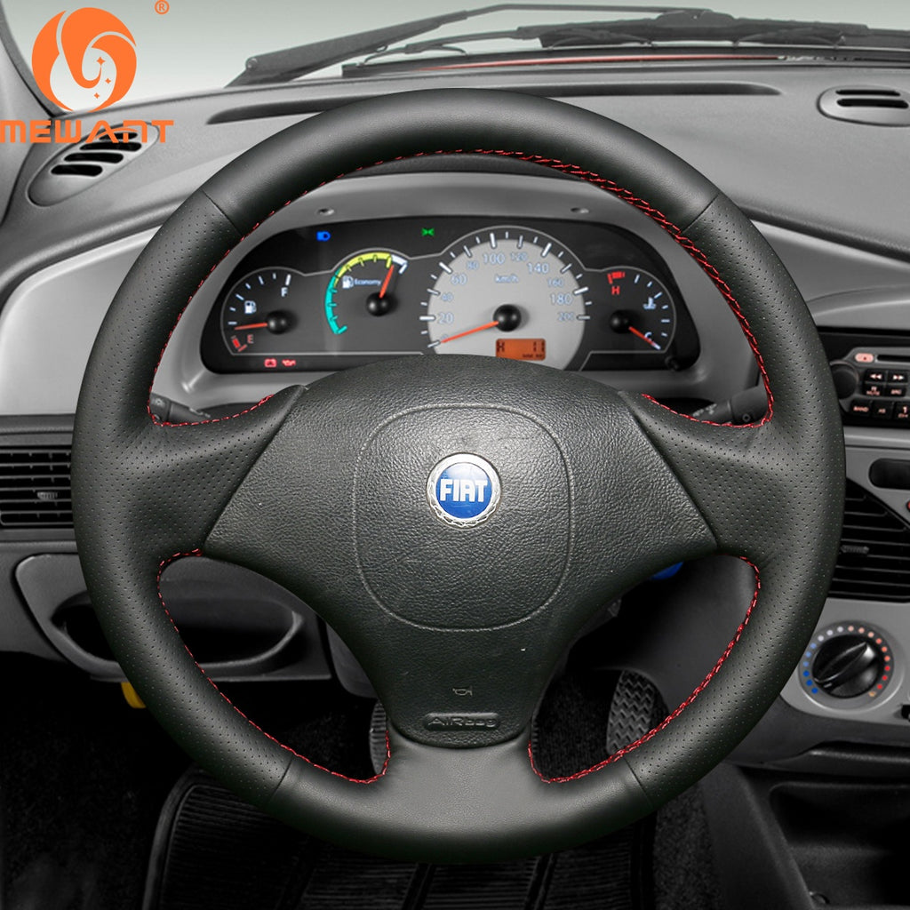 MEWANT black pu leather steering wheel cover with red stitching fitted inside a Fiat, SKU 00034011P1102