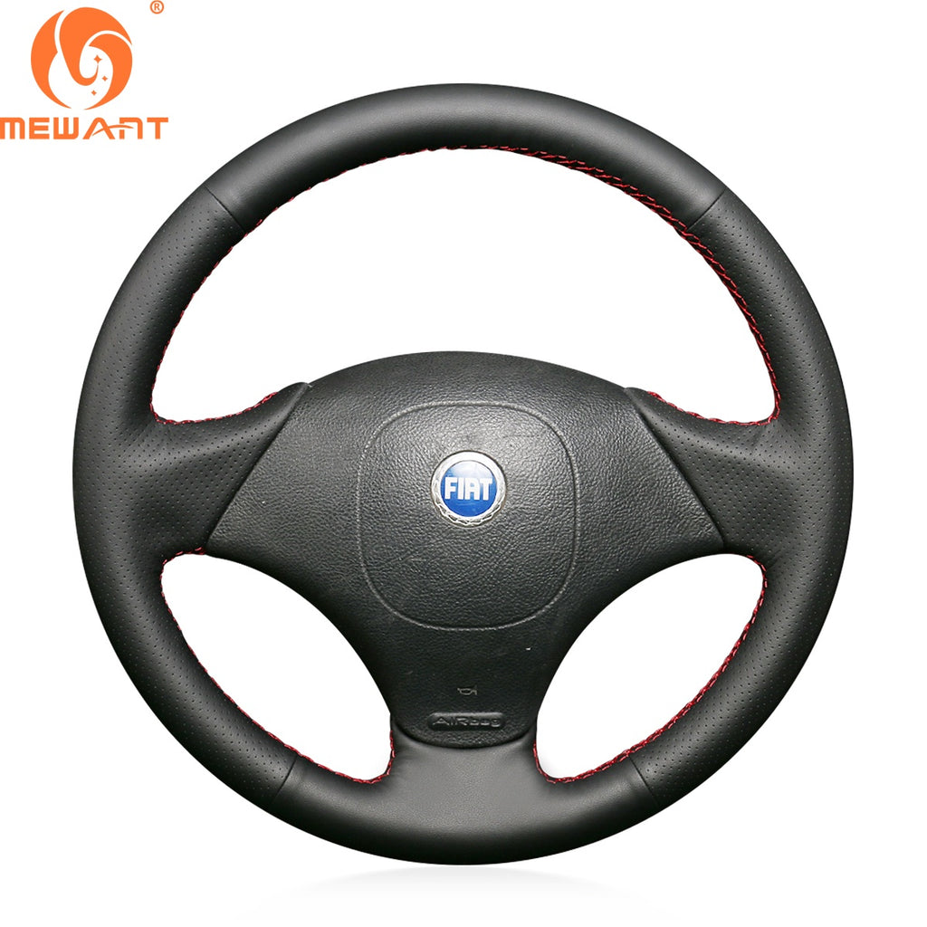 MEWANT black pu leather steering wheel cover for Fiat Albea and Palio, with red stitching on a white background