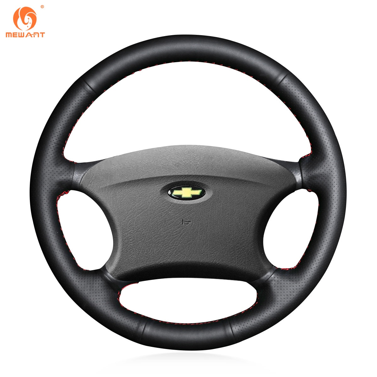 MEWANT black pu leather steering wheel cover for Chevrolet Niva, with red stitching and perforated detailing on a white background