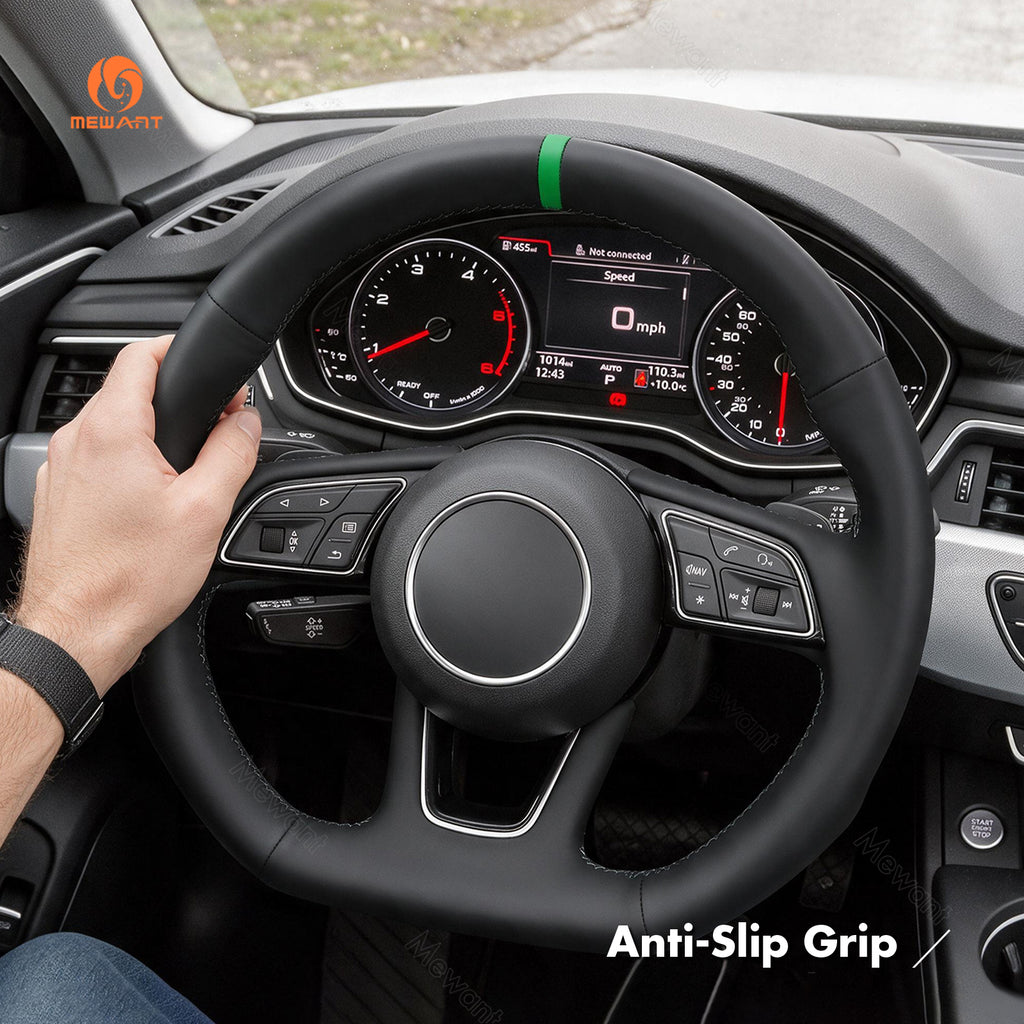 MEWANT Audi steering wheel cover shown in a car interior with a hand on the rim