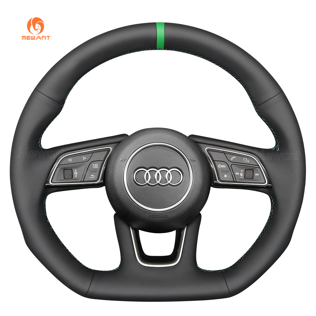 MEWANT pu leather steering wheel cover on an Audi wheel with green center stripe