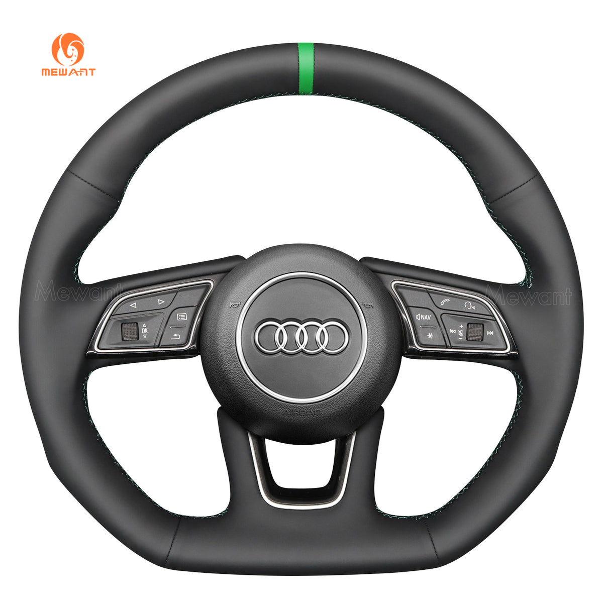 MEWANT pu leather steering wheel cover on an Audi wheel with green center stripe