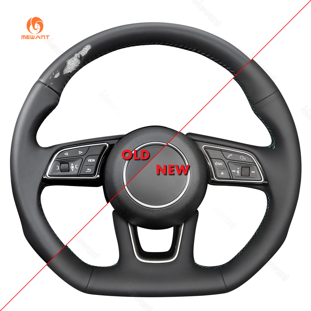 MEWANT Audi steering wheel cover comparison showing the wheel before and after fitting