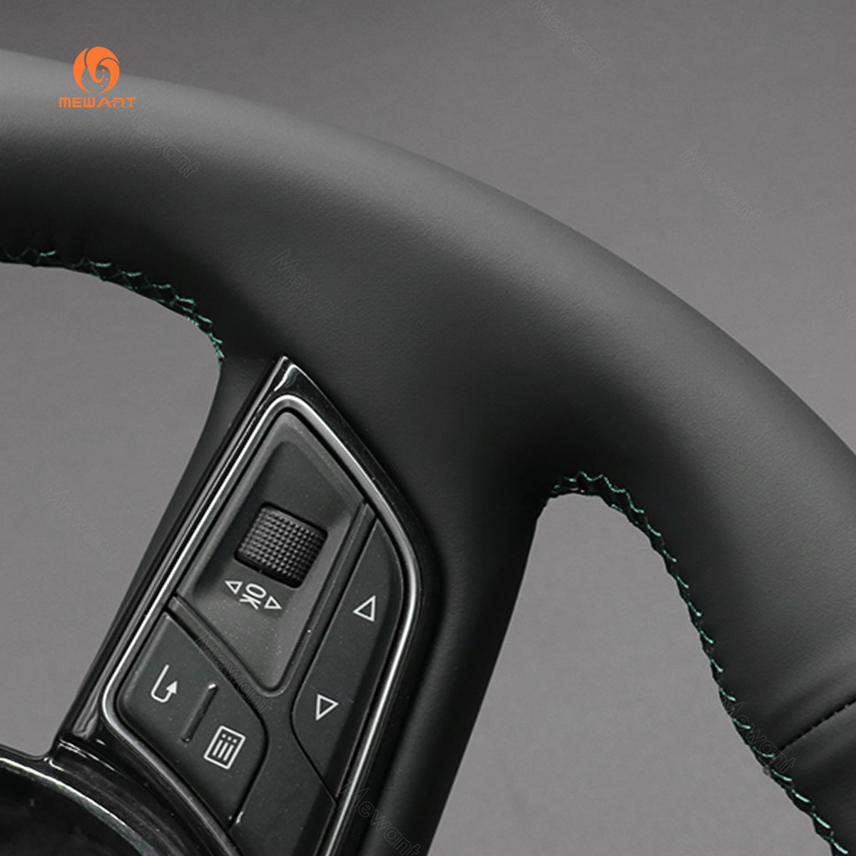 MEWANT Audi steering wheel cover, close-up of the button opening and pu leather edge