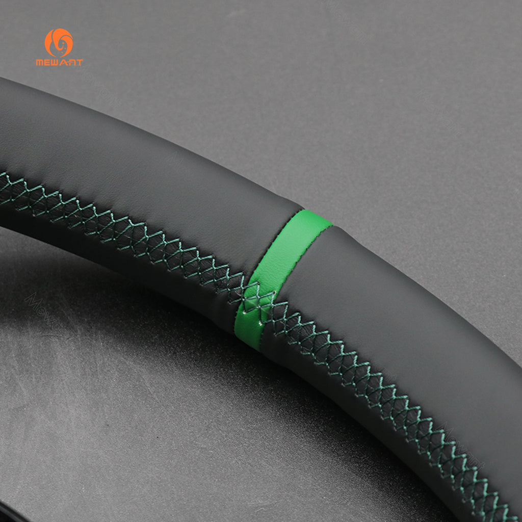 MEWANT Audi steering wheel cover, green center stripe and stitching detail