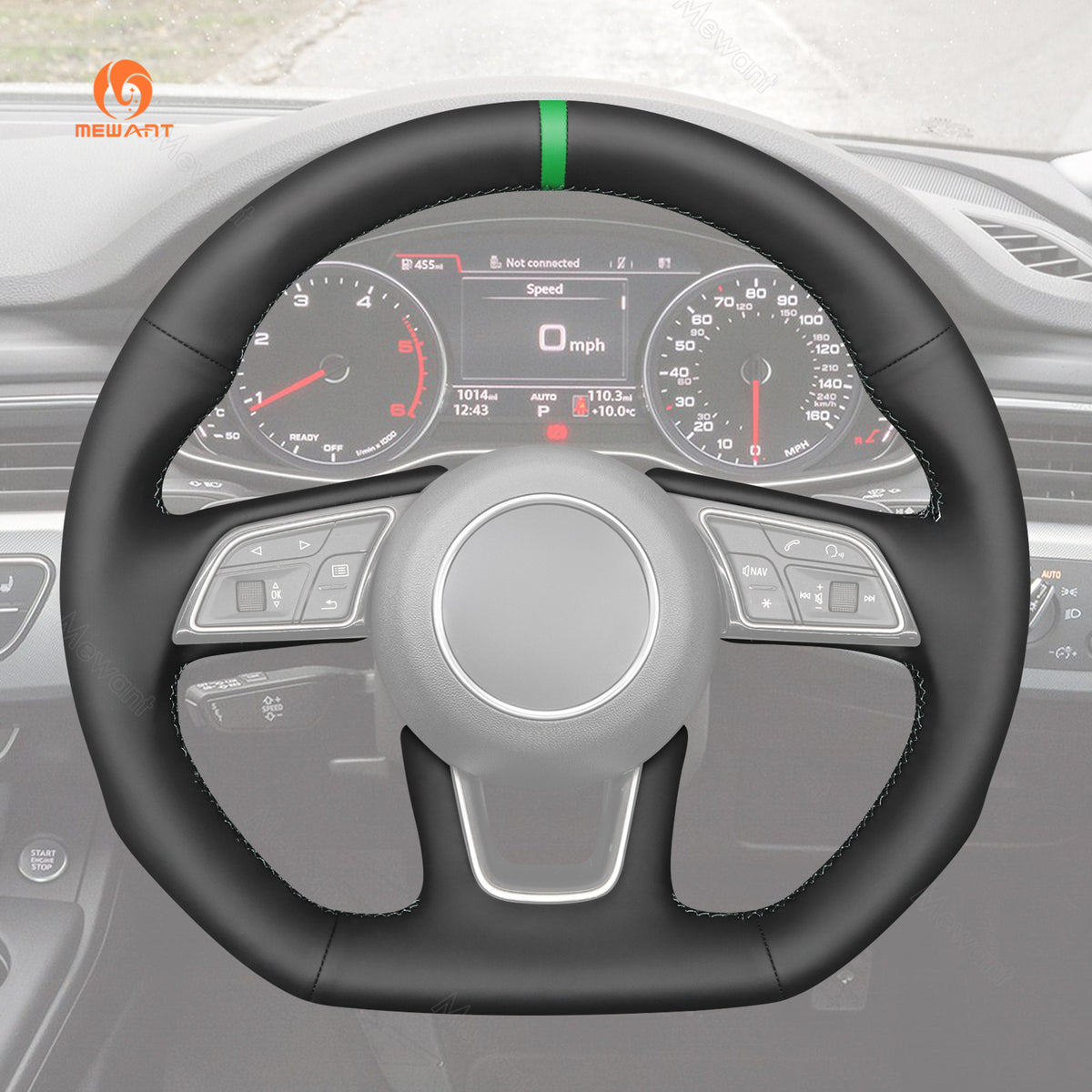 MEWANT pu leather steering wheel cover fitted to an Audi wheel, front view