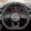 MEWANT pu leather cover on an Audi steering wheel inside the car, with green center stripe and MEWANT logo
