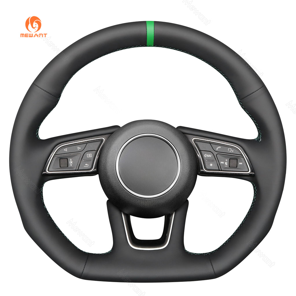 MEWANT pu leather steering wheel cover for compatible Audi models, front view with green center stripe