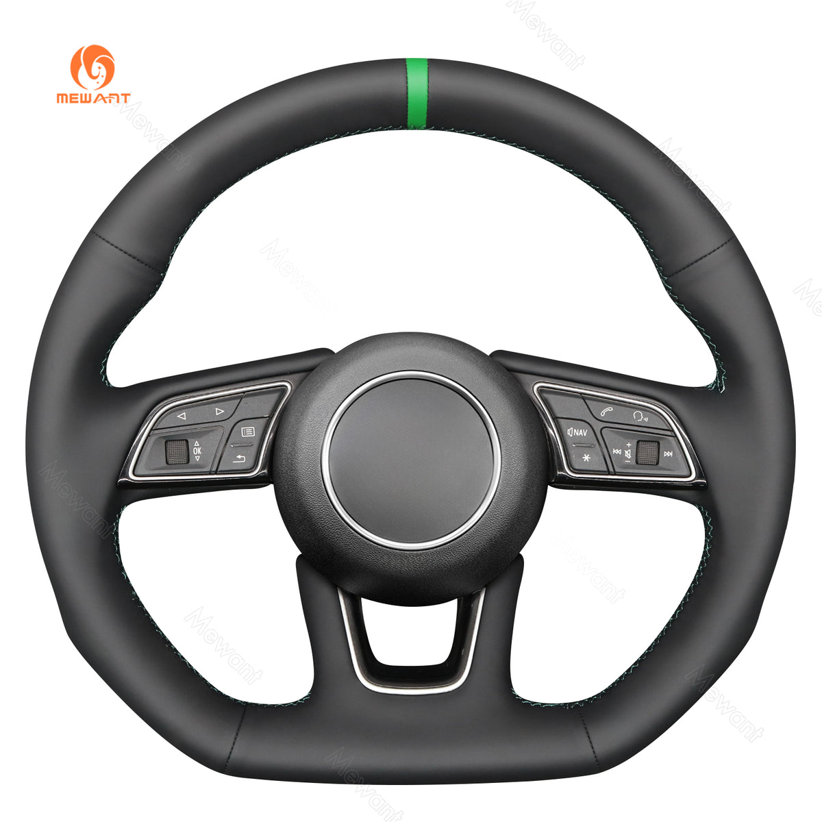 MEWANT pu leather steering wheel cover for compatible Audi models, front view with green center stripe