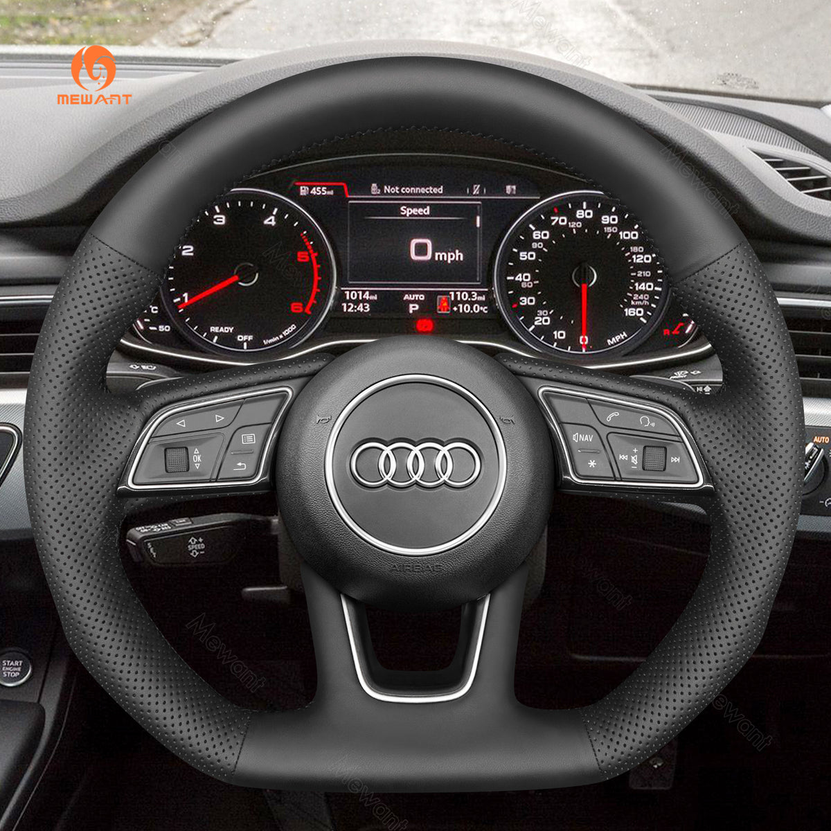 MEWANT black pu leather cover on an Audi steering wheel inside the car, style 18184011P1101-7F