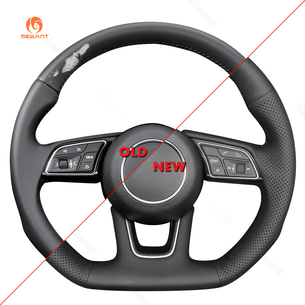 MEWANT Audi steering wheel cover 18184011P1101-7F, before and after fitting comparison