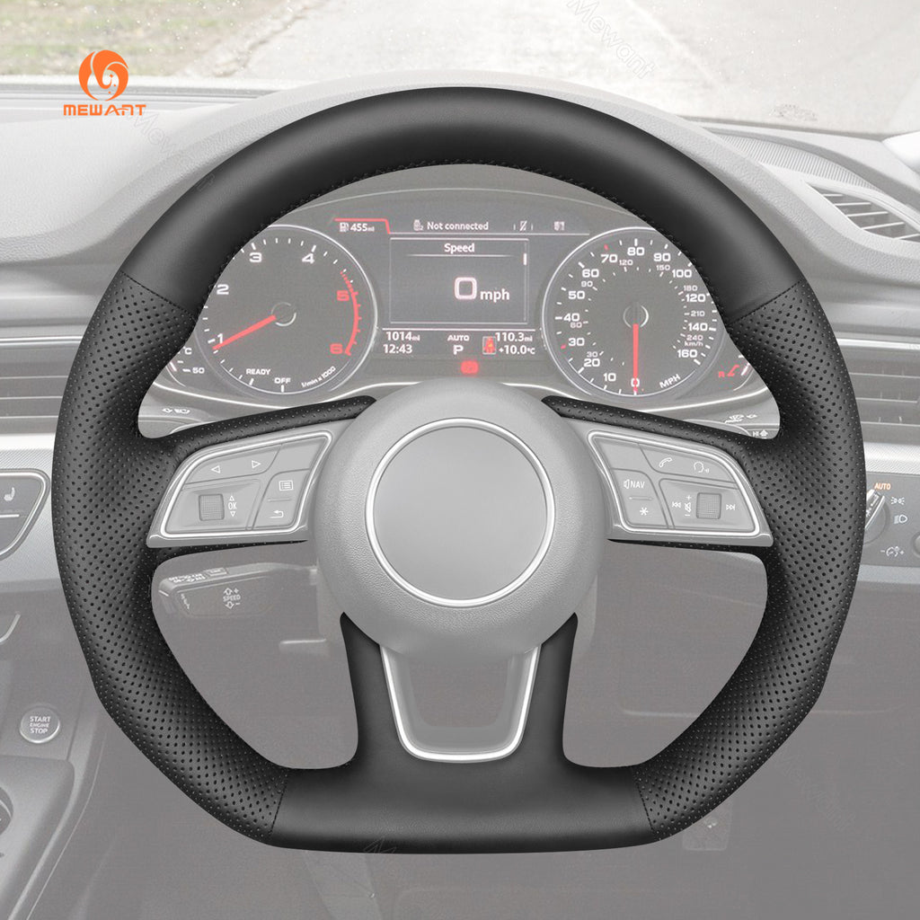 MEWANT black pu leather cover fitted to an Audi steering wheel, style 18184011P1101-7F