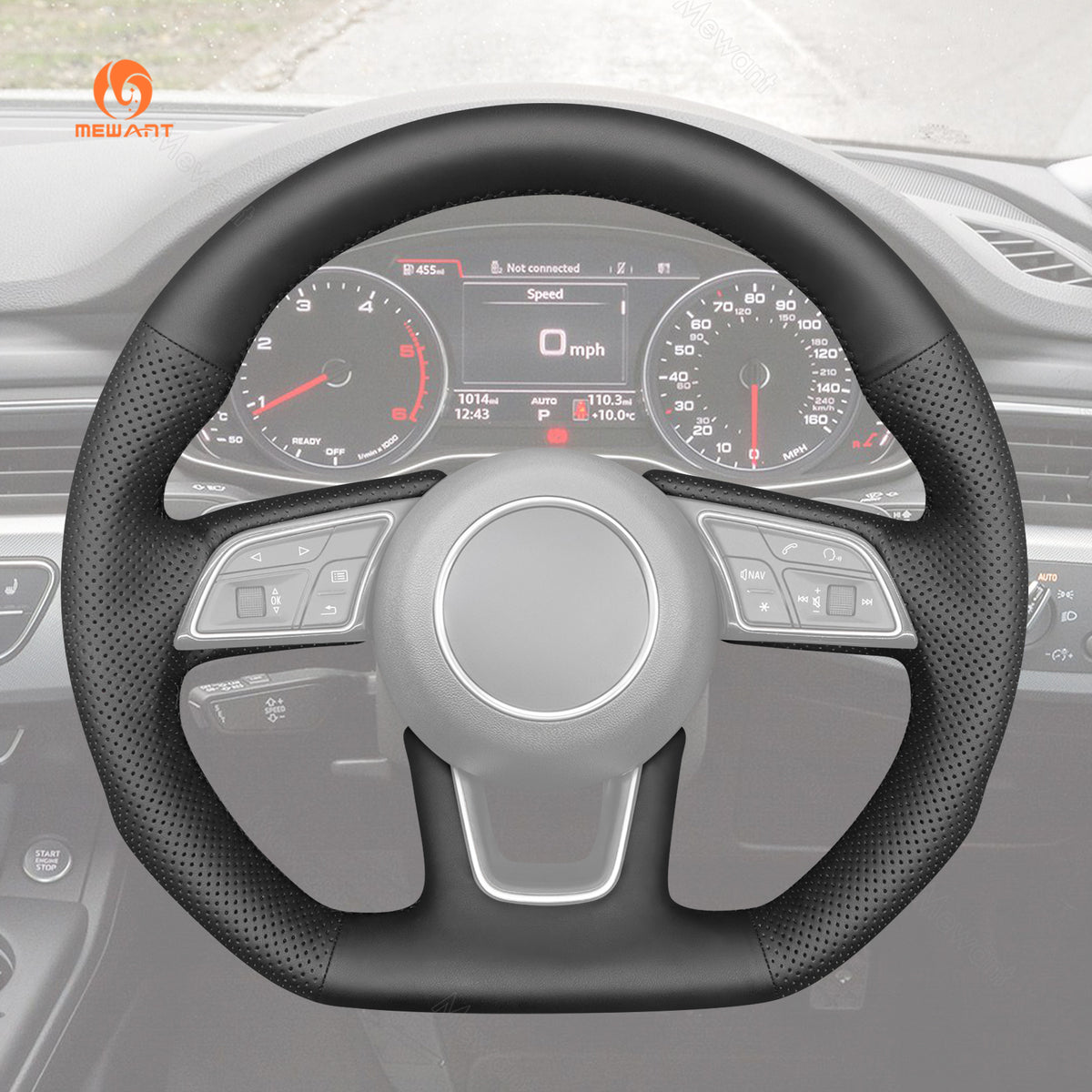 MEWANT black pu leather cover fitted to an Audi steering wheel, style 18184011P1101-7F