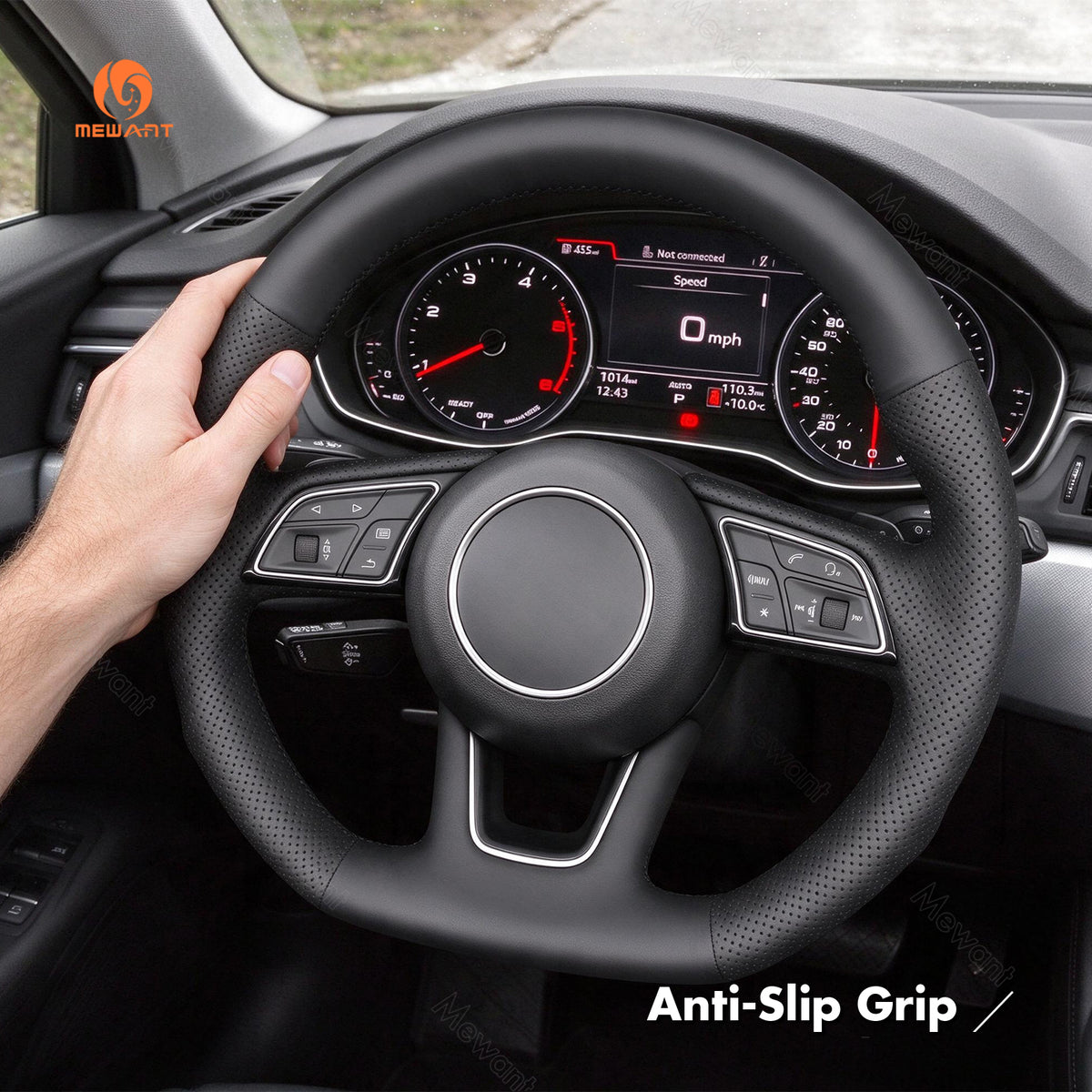 MEWANT Audi steering wheel cover 18184011P1101-7F shown in a car with a hand on the rim