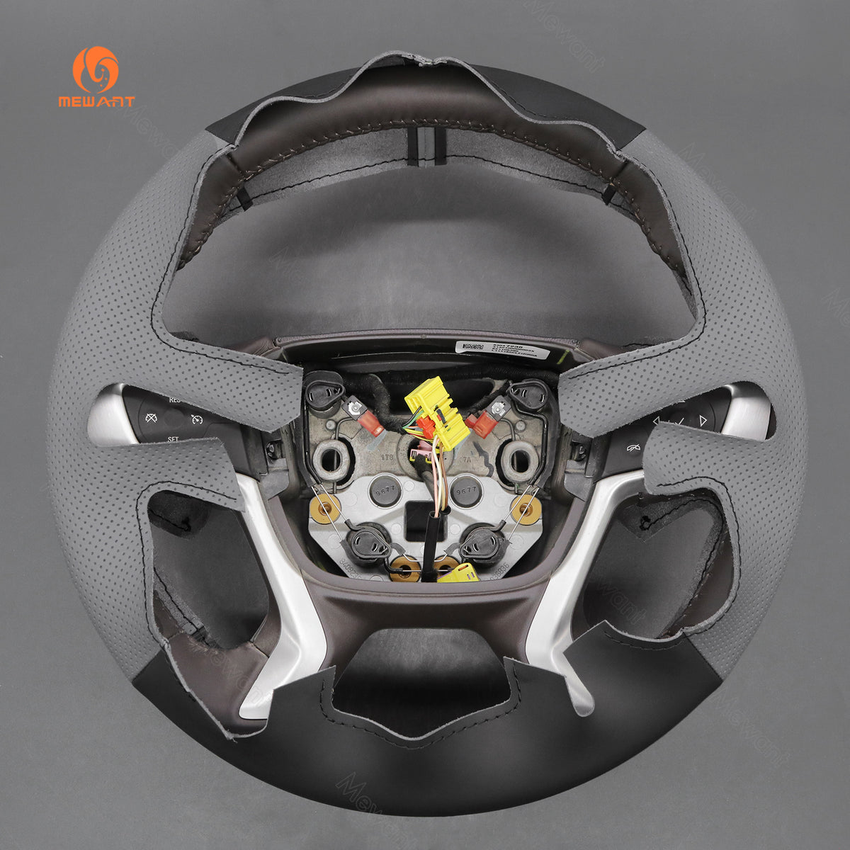 Rear view of the MEWANT black and gray pu leather cover fitted to a compatible GMC steering wheel