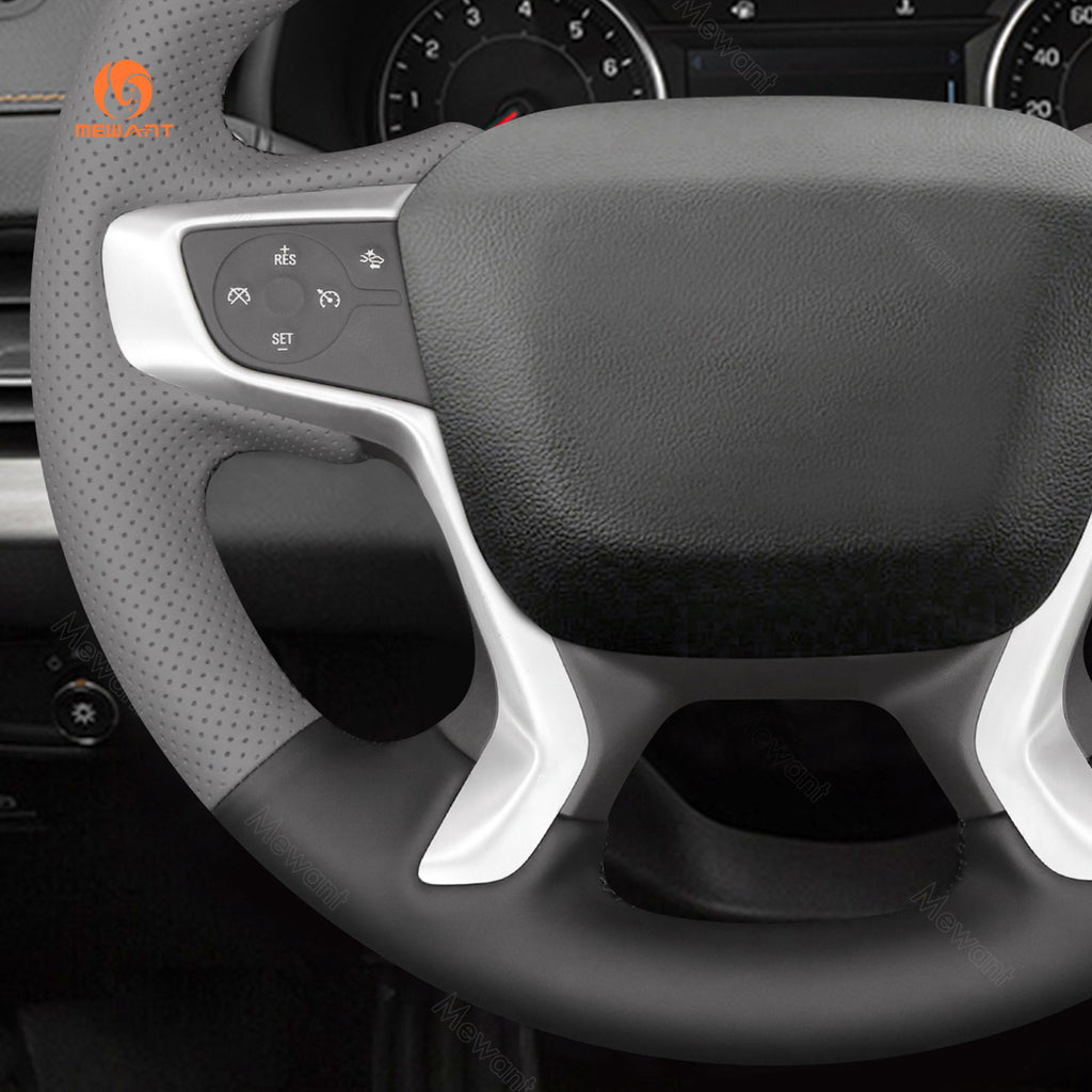 Perforated left panel detail of black and gray MEWANT GMC steering wheel cover