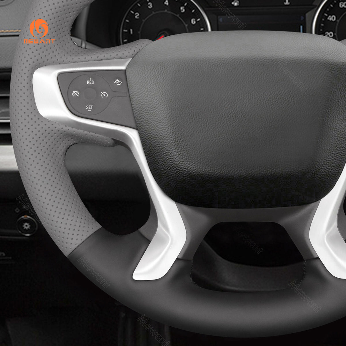 Perforated left panel detail of black and gray MEWANT GMC steering wheel cover