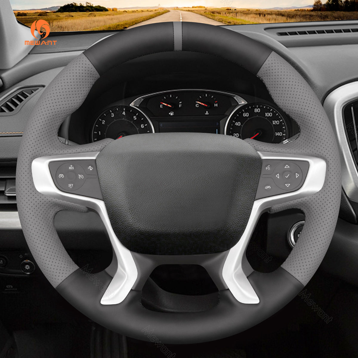 MEWANT black and gray pu leather steering wheel cover shown installed on a compatible GMC steering wheel