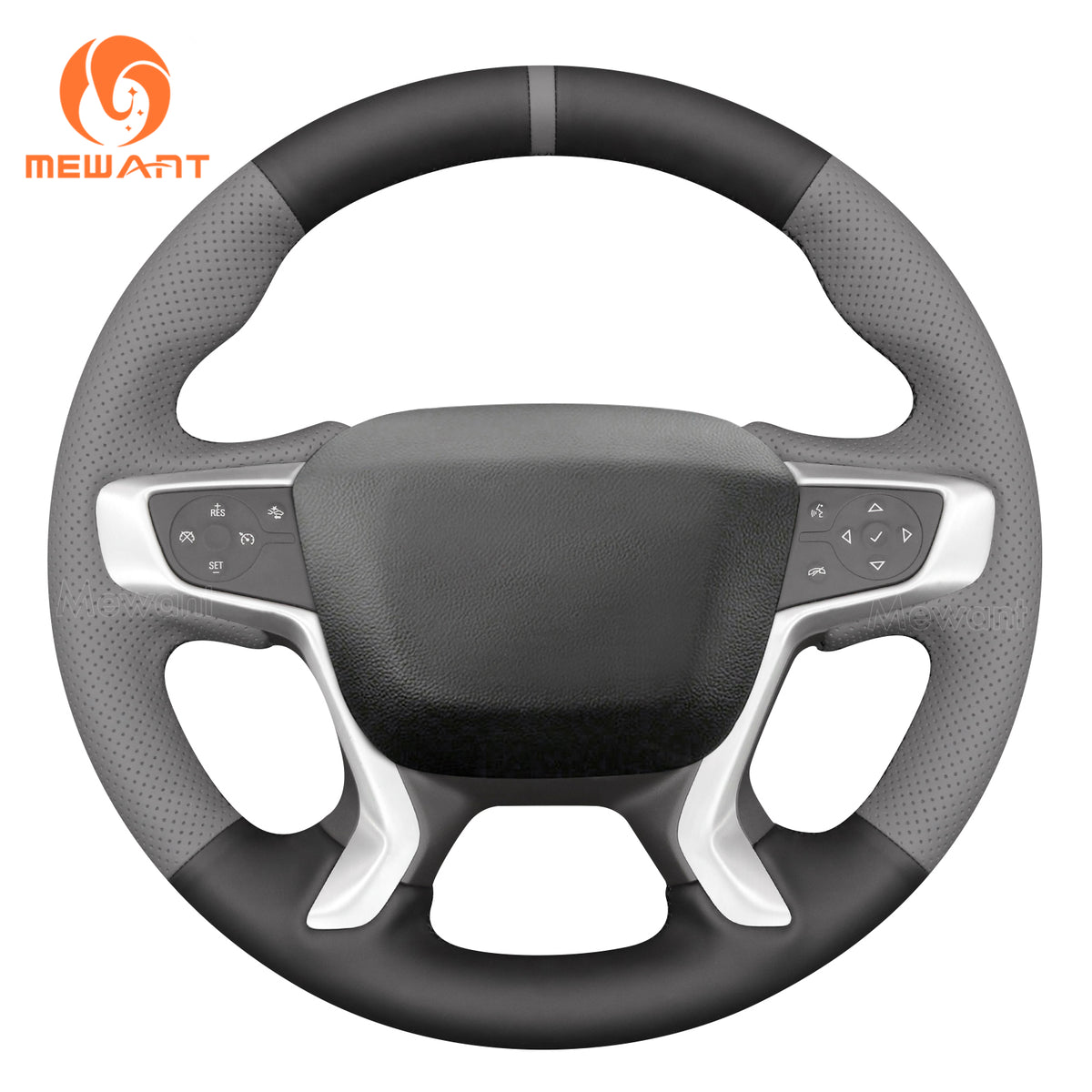 MEWANT black and gray pu leather steering wheel cover for GMC Acadia, Canyon and Terrain, white background