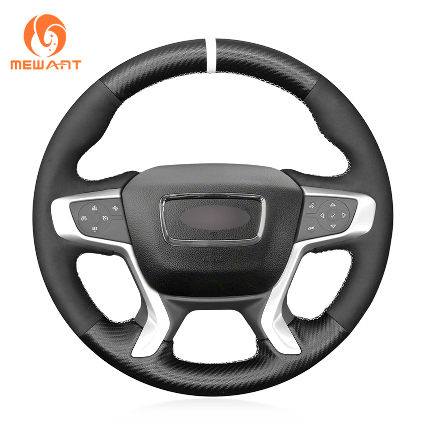 MEWANT matte carbon fiber and Athsuede steering wheel cover for GMC Acadia, Canyon and Terrain, with white center stripe