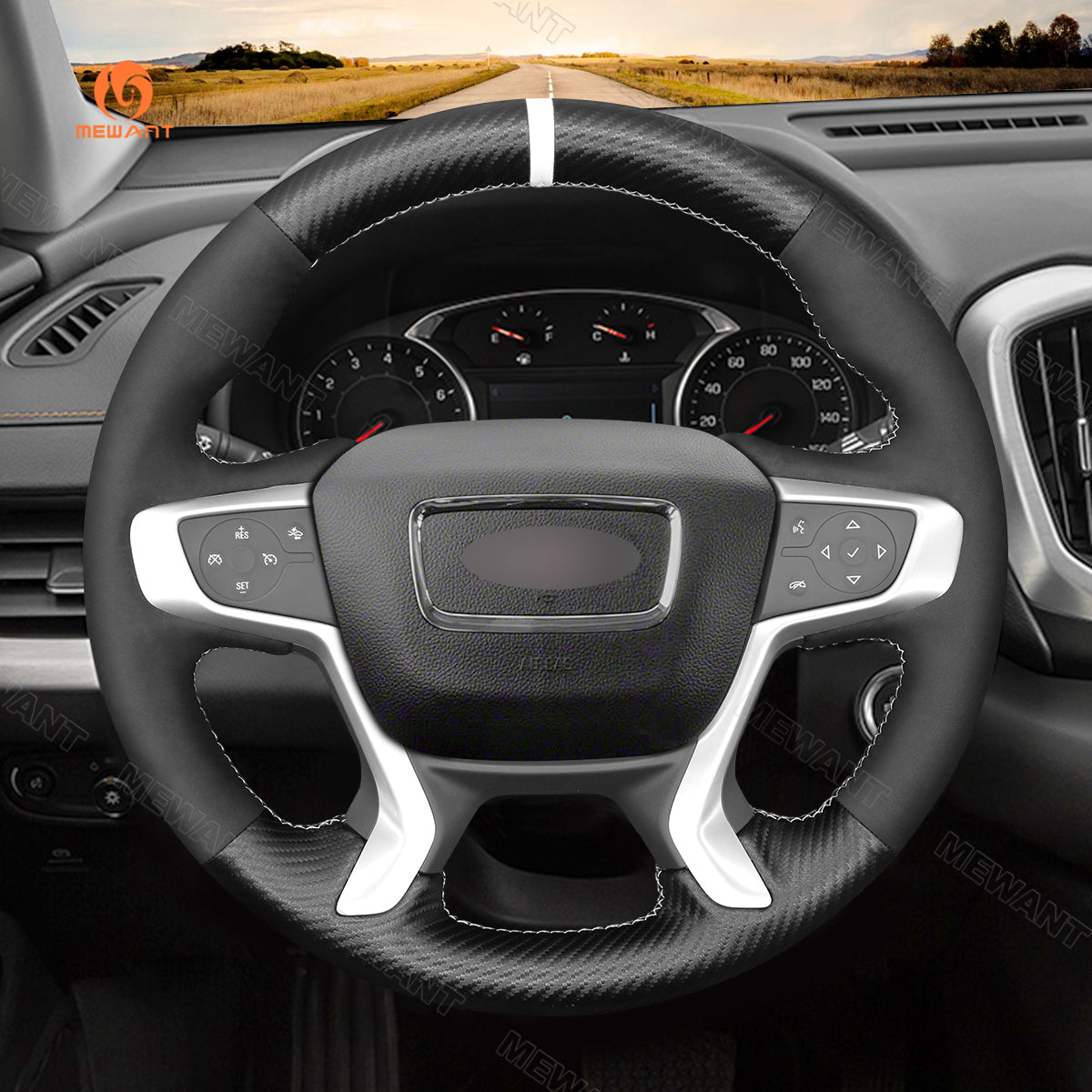 MEWANT matte carbon fiber and Athsuede cover installed on a compatible GMC steering wheel