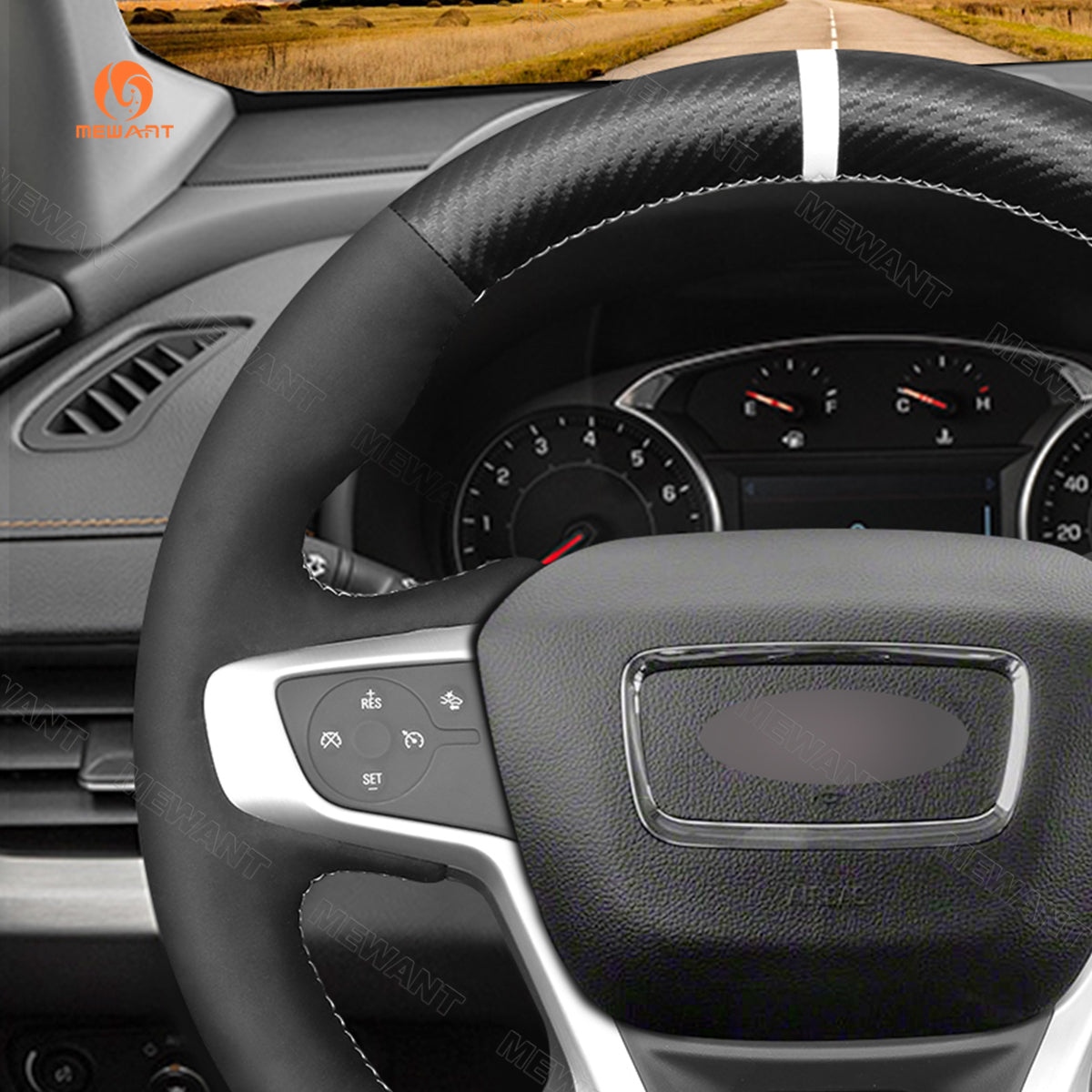 Left side detail of MEWANT matte carbon fiber and Athsuede GMC steering wheel cover