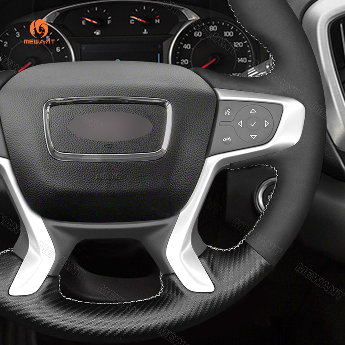 Right side detail of MEWANT matte carbon fiber and Athsuede GMC steering wheel cover