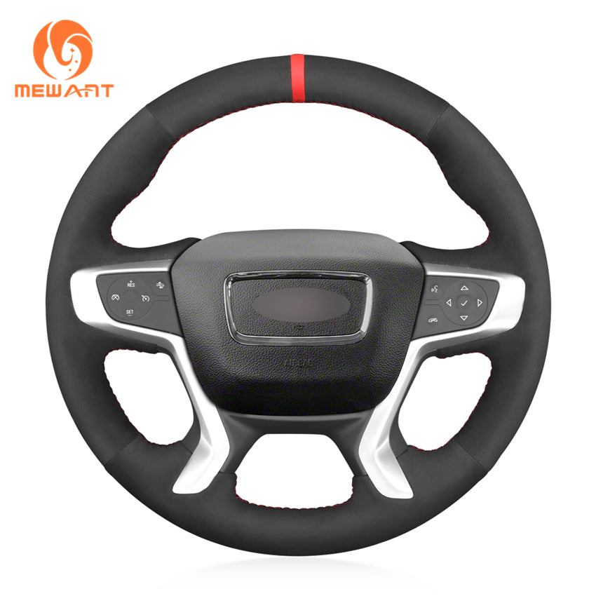 MEWANT black Athsuede steering wheel cover for GMC Acadia, Canyon and Terrain with red center stripe and red stitching